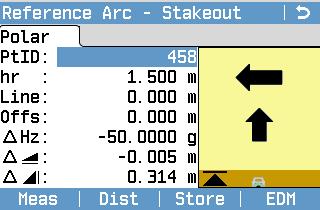 Stake out point, arc, chord or angle Reference Arc - Stakeout Enter the stake out values. Press CentreP to stake the arc centre point. Field Line Offset Distrib.