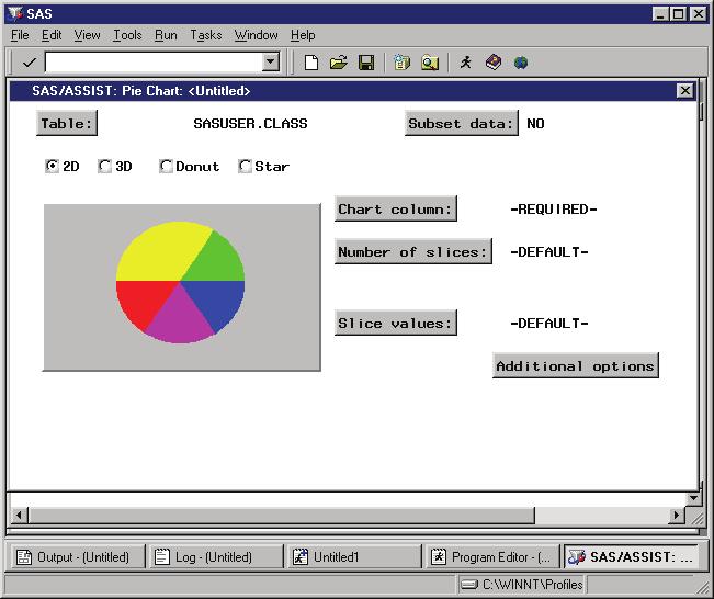 Doing More with Graphics 4 Creating a Pie Chart 99 Display 6.13 Pie Chart Window 2 Use the Table button to select the CLASS table.