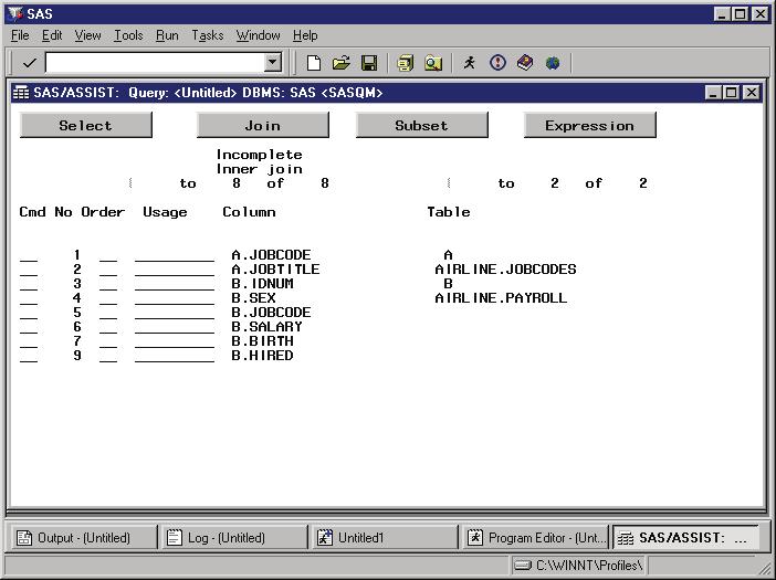 Query and Reporting 4 Joining Tables Manually 187 2 Select the AIRLINE.JOBCODES and AIRLINE.PAYROLL tables. 3 Select Close from the File menu to return to the Query window.