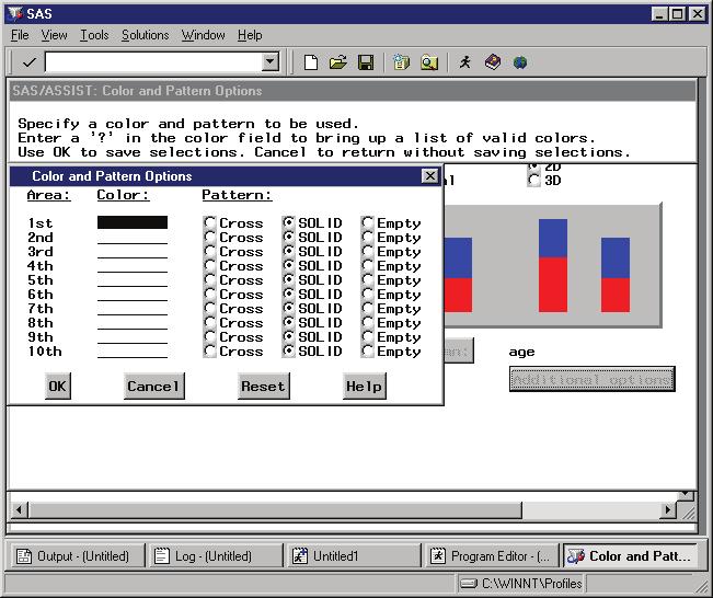90 Generating a Bar Chart with the Mean Displayed 4 Chapter 6 Display 6.4 Color and Pattern Options Window 6 For the 1ST and 4TH areas, select Cross as the pattern.