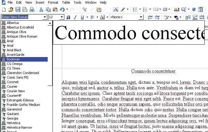 4 Click on Bookman in the Font face list box. The Bookman Old Style font is included in the extra content that is packaged with WordPerfect Office, on Disc 2.