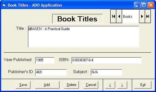 The following example will illustrate how to build a relatively powerful database application using ADO data control.