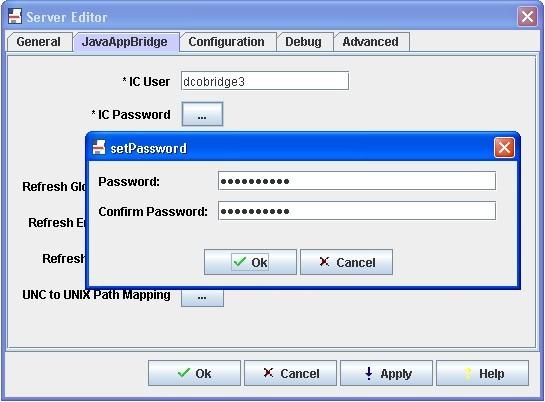 Select the JavaAppBridge tab. For the IC User field, enter the agent account from Section 5.2. Select the IC Password field to display the setpassword dialog box.