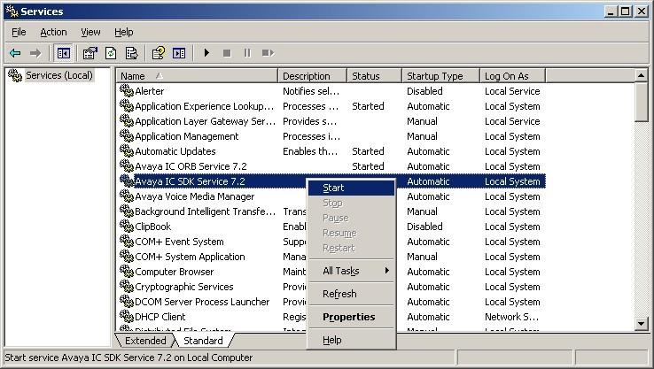 5.5. Start Avaya IC Client SDK Service From the IC Client SDK server, select Start > Administrative Tools > Services (not shown) to bring up the Services screen below.