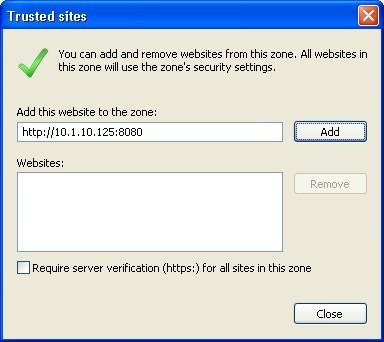 In the Trusted sites window, enter the URL to launch the ThinConnect Client in Add this Web site to the zone