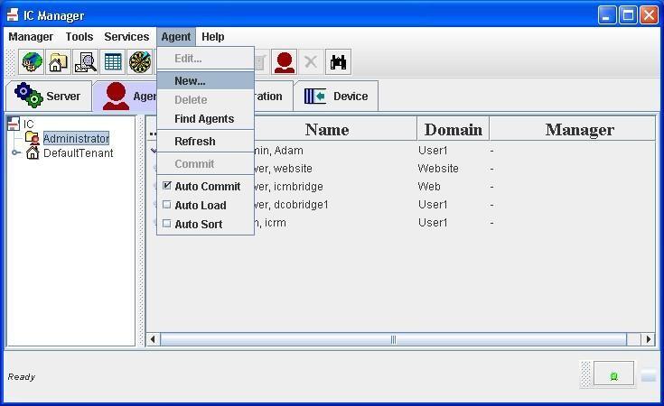 5.2. Administer Agent Account for Java Application Bridge On the IC Manager screen, click the Agent tab. The IC Manager screen is updated with agent account information.