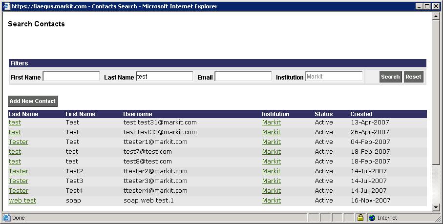 The contact or contacts that match your search for the selected institution display in the results list, as shown in the following example. Click details.