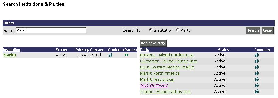 The parties for the selected institution display in the Party list on the right side of the page as shown in the following example.