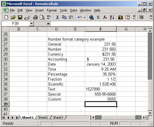 o Text: When applied to a value, causes Excel to treat the value as text (even if it looks like a value). This feature is useful for items such as part numbers.