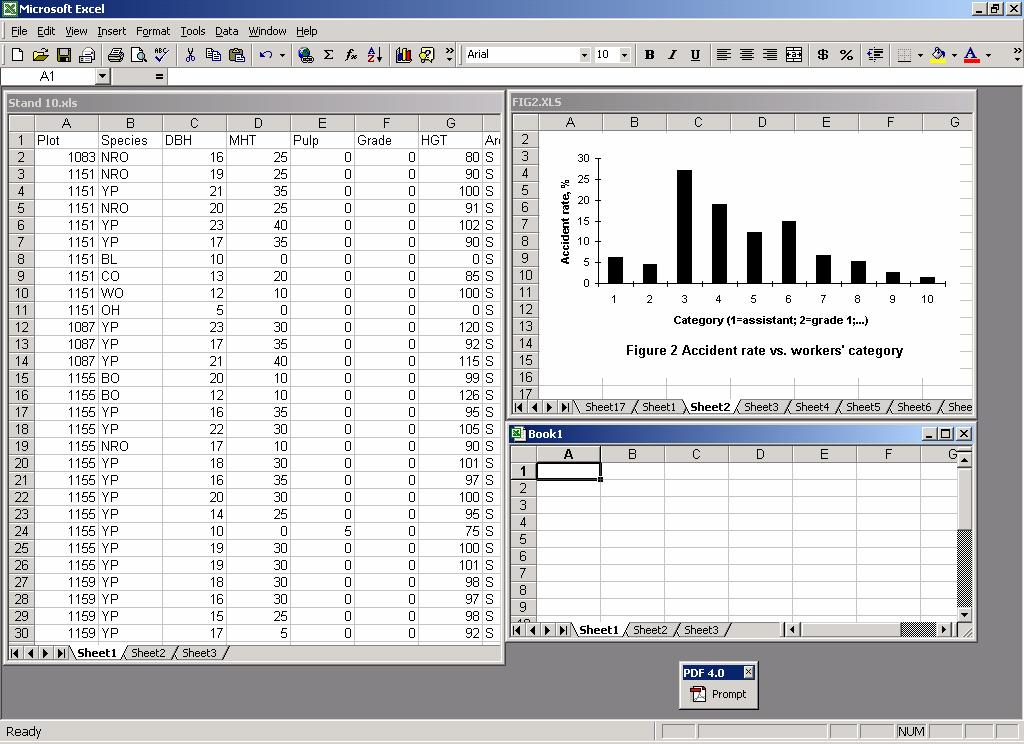 Figure 1. Excel with three workbooks open. Hiding or showing toolbars To hide or display a particular toolbar, choose View ->Toolbars, or right-click any toolbar.