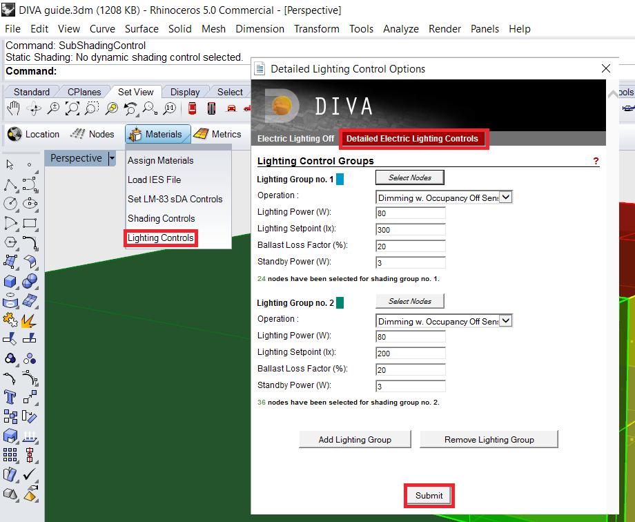 i. Left-click the Materials button in the DIVA toolbar. A drop-down menu appears. Left-click Lighting Controls button.