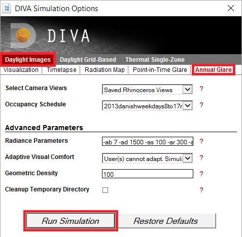11. The DGP simulation: a. Left-click the Metrics button in the DIVA toolbar. Go to the Daylight Images tab and on to the Annual Glare tab. b. In the drop-down menu at Select Camera Views, choose Saved Rhinoceros Views.