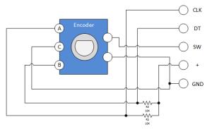 Keyes Rotary Encoder Schematic A schematic for this module is provided below. R2 and R3 in the schematic are pull up resistors.