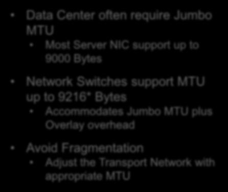 MTU and Overlays Data Center often require Jumbo MTU Most Server NIC support up to 9000 Bytes