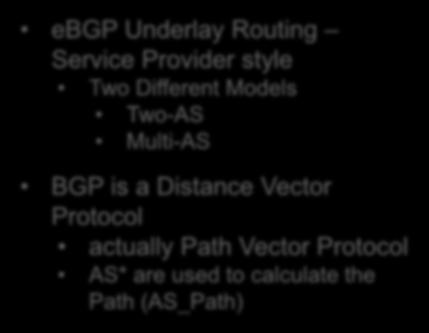 Unicast Routing BGP ebgp Underlay Routing Service Provider style Two Different Models Two-AS Multi-AS BGP is a Distance Vector Protocol