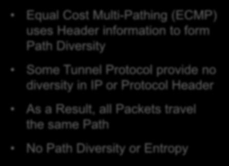 No Path Diversity Equal Cost Multi-Pathing (ECMP) uses Header information to form Path Diversity 101010110101010 10101010 AS#65500 Some Tunnel Protocol provide no