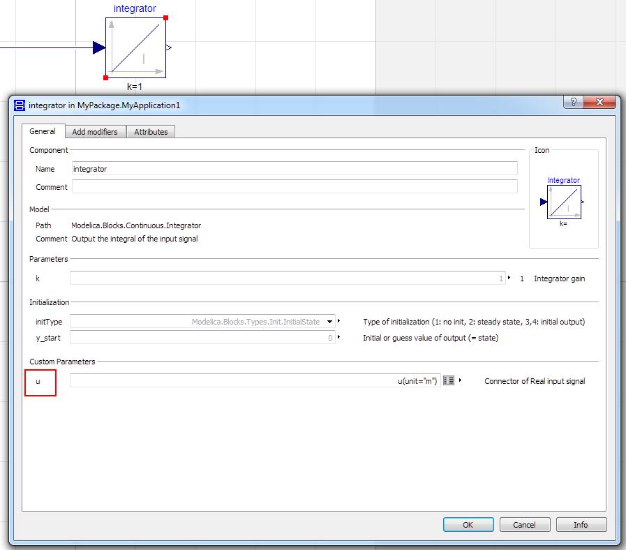 Modified variables usually not displayed in the parameter dialog An example is the input parameter of an integrator