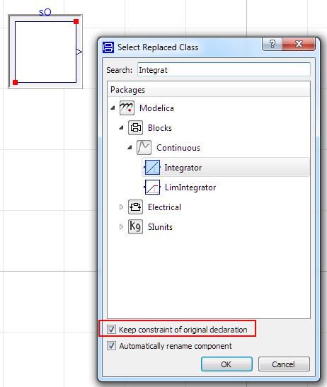 Option to keep constraint of original declaration when changing class of a replaceable component This option is best illustrated by an example. Drag in Modelica.Blocks.Interfaces.