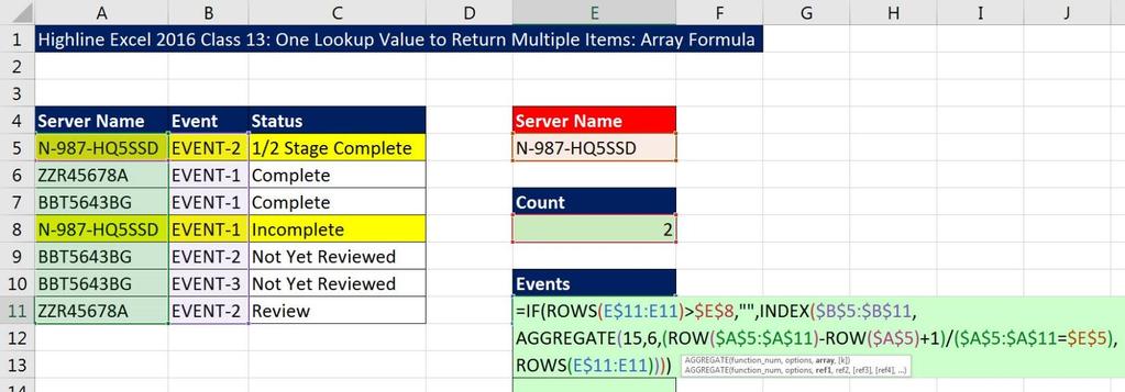 One Lookup Value to Return Multiple Items: Array Formula with INDEX, AGGREGATE, ROW, ROWS and IF functions.