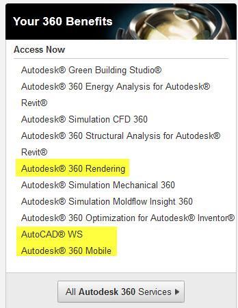Autodesk 360 Benefits Also notice to the right from the home page your 360 benefits. These range from Autodesk 360 rendering, structural analysis, mobile, and more.