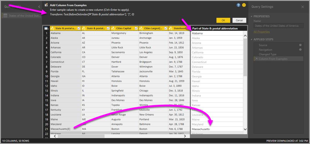 2) The Send Feedback option to help Power BI improve this feature. 3) The [OK] and [Cancel] buttons, which lets you commit your transformations and add the column, or cancel.