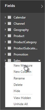Click the down arrow on the Sales table in the field list, and then click New Measure.
