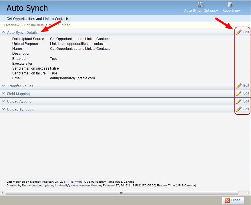 The following auto synchs need to be configured with the specifics of your field mappings between Oracle Eloqua and Salesforce fields: Get Accounts Get Contacts Get Leads The following auto synchs