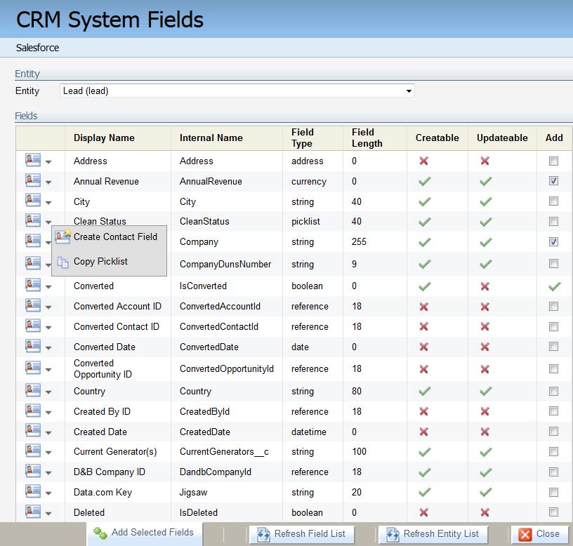 7. Select the fields you want to create in Oracle Eloqua and click Add Selected Fields. You can add Salesforce fields to Oracle Eloqua one at a time or in a batch.