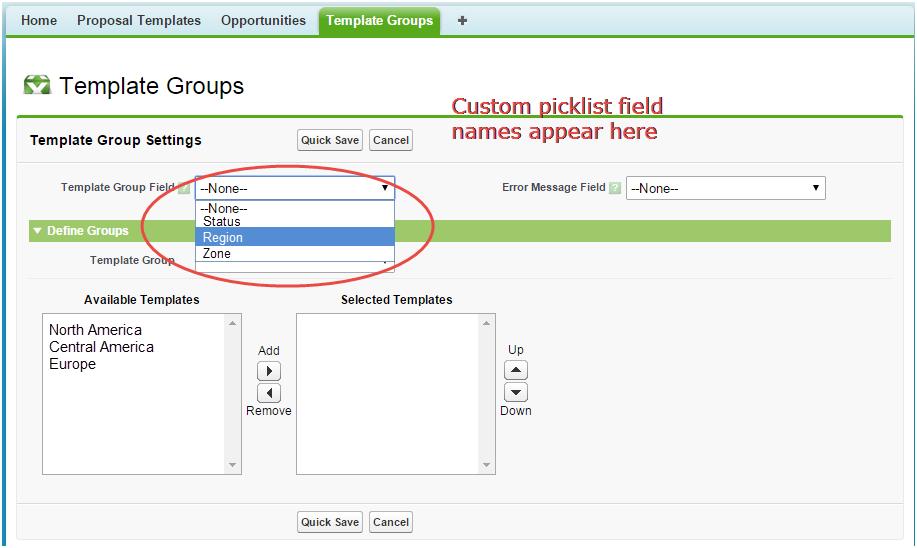 Now that you have created the custom fields on the Quote object, you can designate them on the Template Groups administration