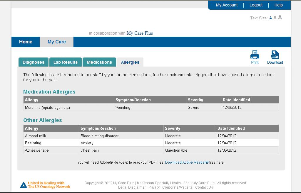 4.4 Allergies Allergies lists your medications and other allergies, along with your reported