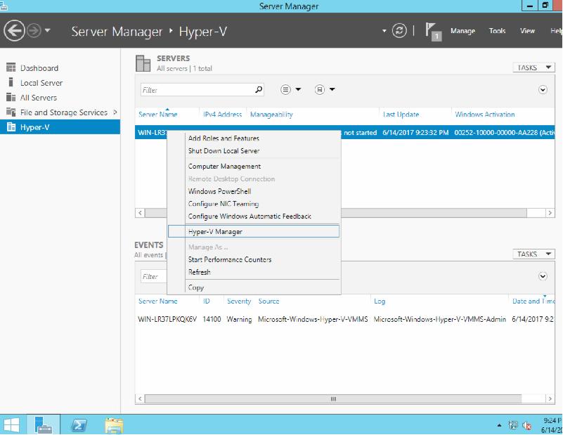 16) Right click on the server name and select Hyper-V Manager to open the hyper-v manager.