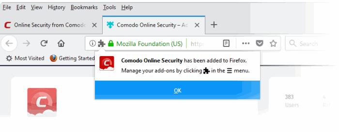 The COS icon will appear at the top-right of the navigation bar: Click the 'C' icon to reveal the follow options: Comodo Online Security - Opens the COS webpage at https://antivirus.comodo.