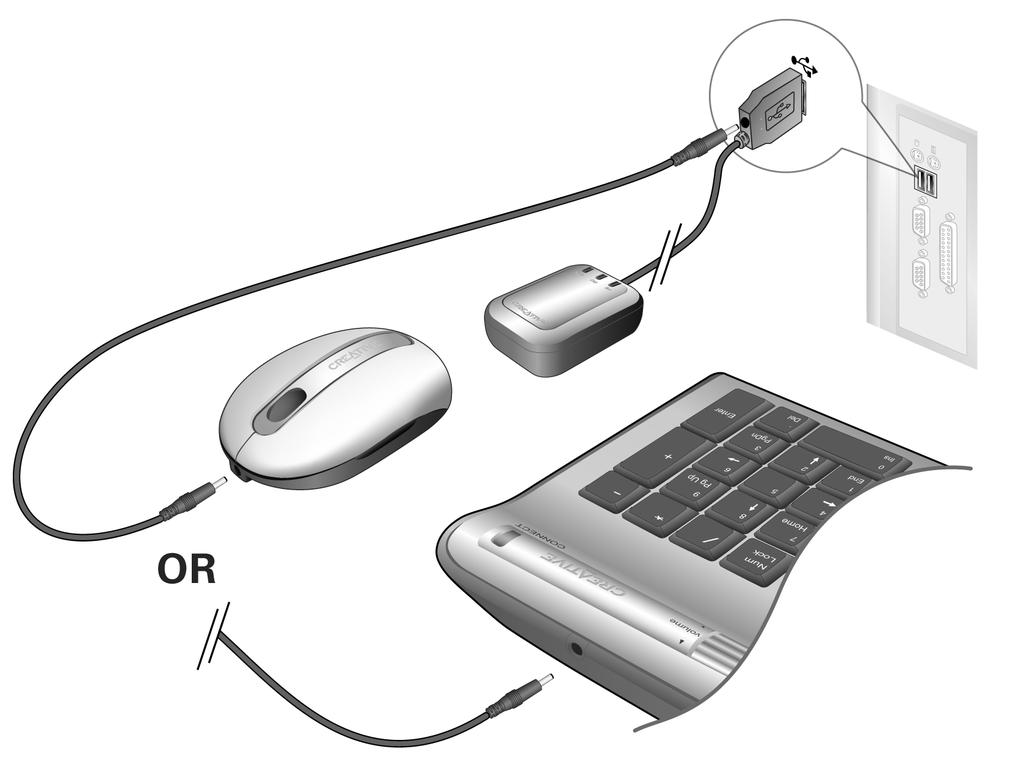 Step 4: Charging Batteries Keep your mouse or keyboard connected to the USB connector to: Use your mouse or keyboard and charge the batteries at the same time.