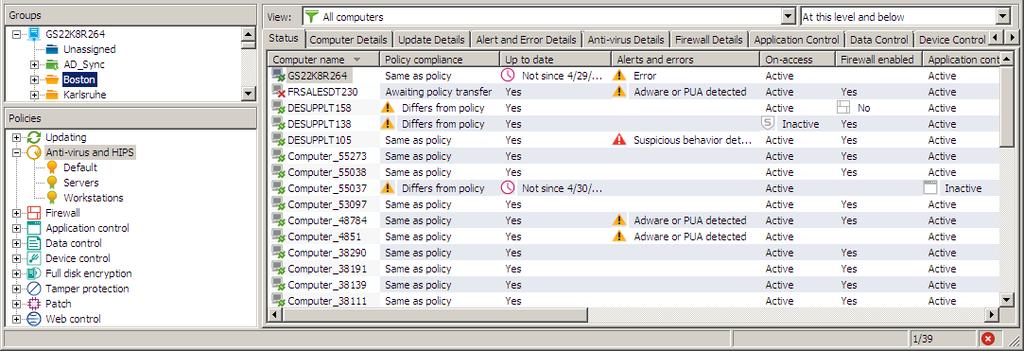 Sophos Enterprise Console A Dashboard panel health icon shows the status of a panel icon with the most severe status, that is: A panel health icon changes from Normal to Warning when a warning level