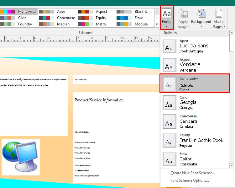 Microsoft Publisher 2016 Foundation - Page 102 Applying a font scheme To apply a font scheme to your publication, click on the Page Design tab and then click on the Fonts command.