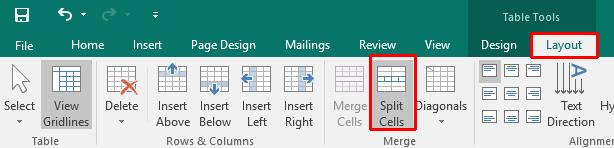 Microsoft Publisher 2016 Foundation - Page 114 Splitting cells To split merged cells, click inside a cell that you have previously merged. Click on the Table Tools Layout tab.