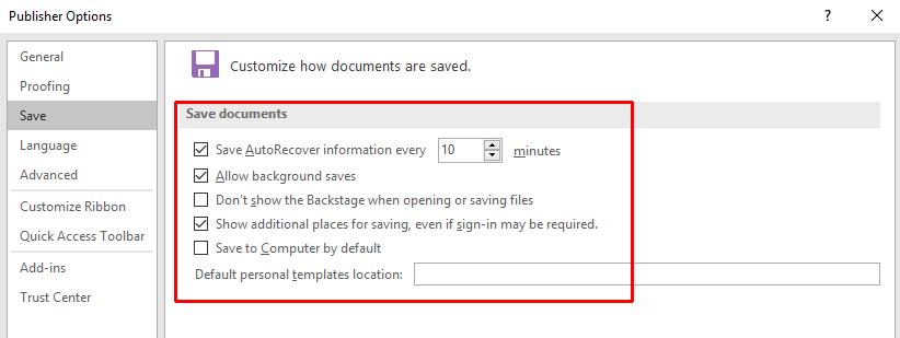 Microsoft Publisher 2016 Foundation - Page 131 Check the Save AutoRecover information every check box to enable the AutoRecover feature.