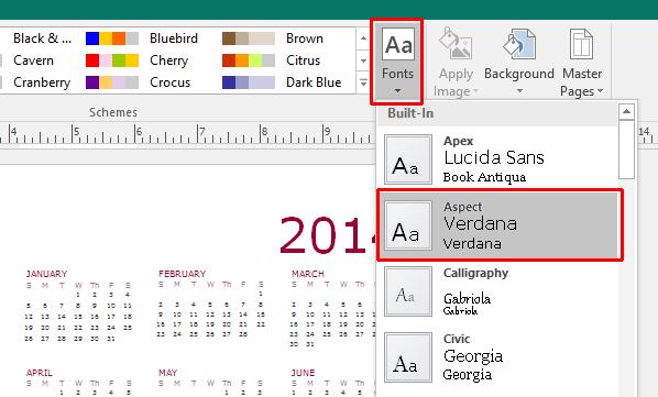 Microsoft Publisher 2016 Foundation - Page 21 You can click on a font scheme from the list and apply the selected font scheme to your publication. For this example, click on the Verdana font scheme.