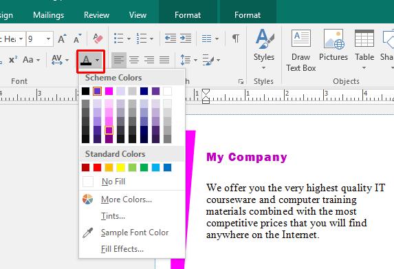 Click on the down arrow to the right of the Font Color icon within the Font section of the ribbon. Select the required color.