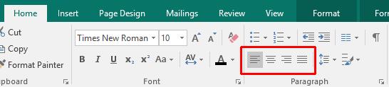 Click each of the alignment icons in the Paragraph section of the ribbon and observe the effect.