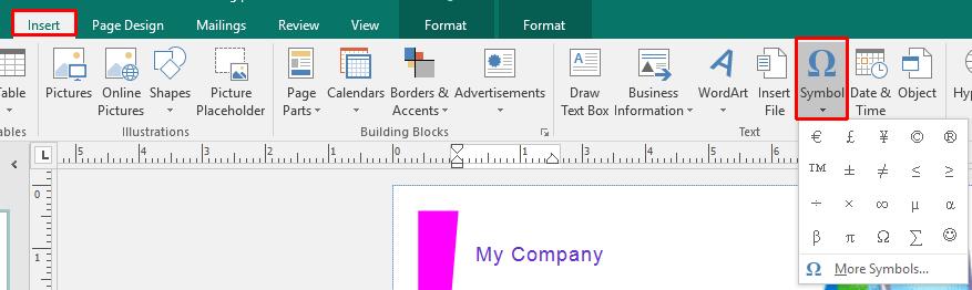 Microsoft Publisher 2016 Foundation - Page 33 Click on the Insert tab and select the Symbol command.