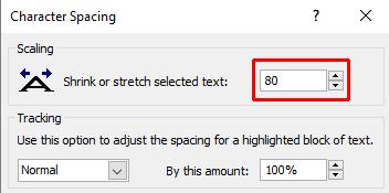 Under the Scaling section enter a value in the Shrink or stretch selected text box or click on the up or down arrows for the Shrink or