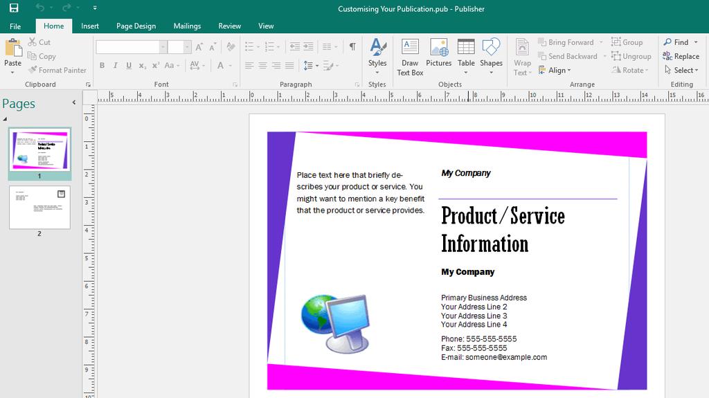Microsoft Publisher 2016 Foundation - Page 94 Personalizing the Publication Customizing the background You can apply a color or picture to your publication