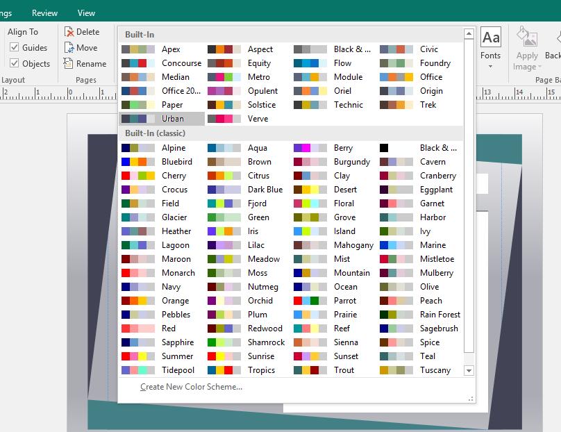 Microsoft Publisher 2016 Foundation - Page 99 Experiment with applying different color schemes. Creating a customized color scheme To create a new color scheme, click on the Page Design tab.