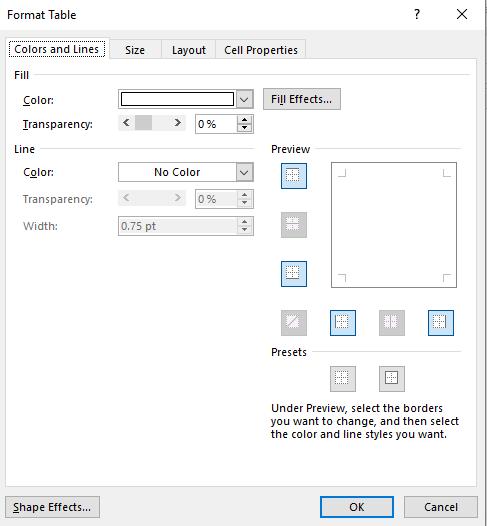 Set the layout options for the table, including position and text wrapping, under the Layout tab.