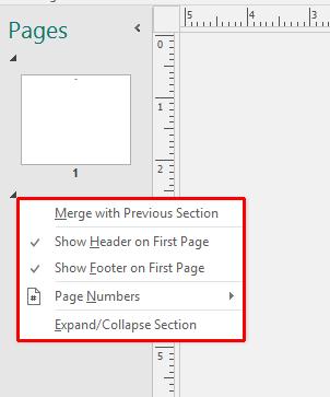 Microsoft Publisher 2016 Foundation - Page 55 You can right-click on the section bar to set header, footer and page numbering options for that section of your publication.