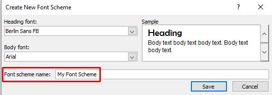 Select a font for the body from the Body font drop down list, for example select the Arial font. You can preview your font scheme in the Sample box on the right side.