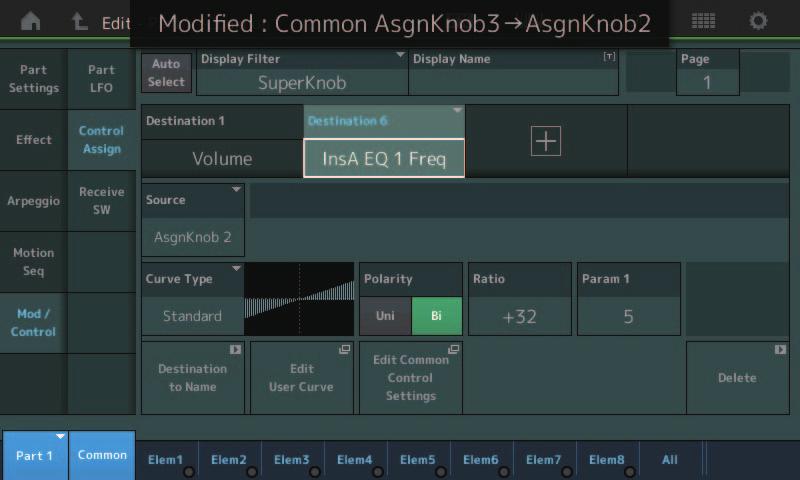 Part Edit (Edit) Mod/Control (Modulation/Control) Control Assign When the Display Filter is set to Super Knob, a new parameter can be added by touching the [+] button and will immediately be