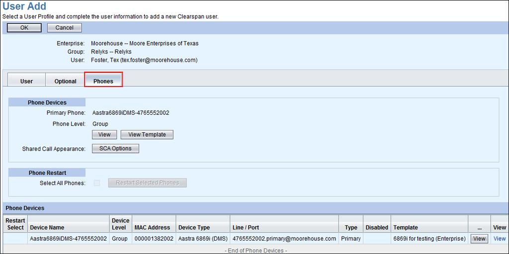 Phones Tab Click on the Phones tab of the User Add page to view the Phone Configuration and Shared Call Appearances, and view the primary phone device.