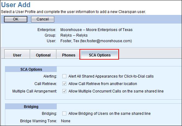 SCA Options Tab Shared Call Appearances are created by advanced administrators.